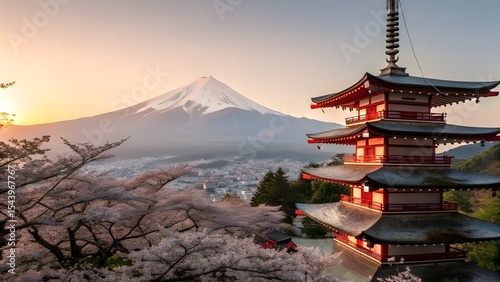 Vibrant Sunrise Illuminates Iconic Mount Fuji with Chureito Pagoda and Blooming Cherry Blossoms in Arakurayama Sengen Park, Japan photo