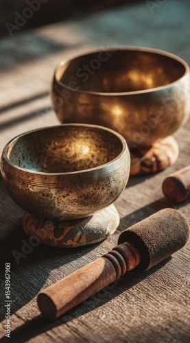 Two antique brass singing bowls with mallets rest on a rustic wooden surface, bathed in warm sunlight