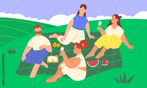 Concept of a summer picnic in nature. A group of people having a rest in the nature