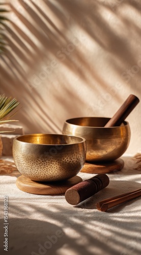Two brass singing bowls rest on wooden pads, accompanied by mallets and incense sticks, bathed in soft sunlight filtering through a sheer curtain