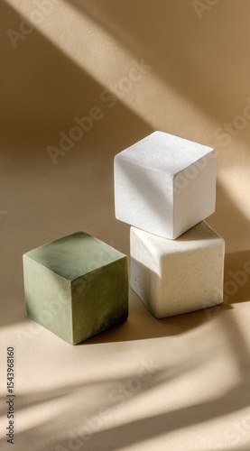 Three matte cubes, sage, off-white, and bright white, stacked asymmetrically on a beige background, bathed in sunlight casting dramatic shadows