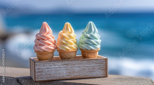 Three pastel-colored soft-serve ice cream cones in miniature wooden crate, ocean backdrop
