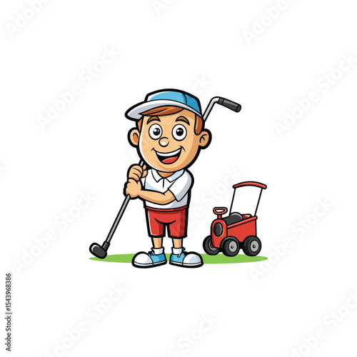 Happy Little Golfer Cartoon Illustration of a Child with Golf Club and Cart