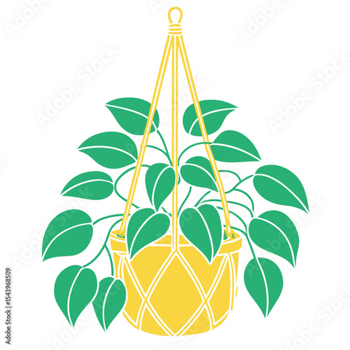 A vibrant green leafy plant thrives in a yellow hanging pot with transparent background