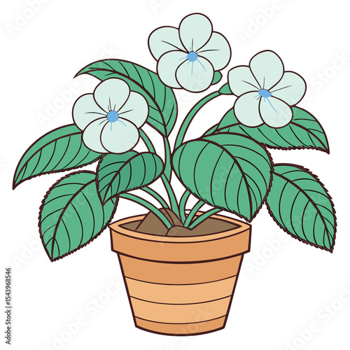 Blue blossom with green leaves is displayed in a brown pot over white background