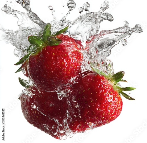 Three ripe strawberries splashing into water, creating a dynamic spray against a white background