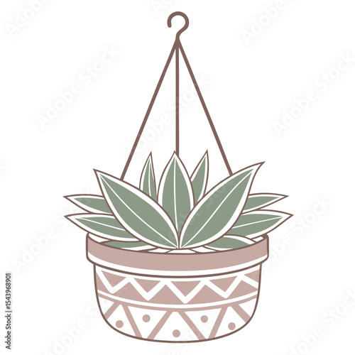 Hanging houseplant with green leaves grows in patterned pot as a transparent object