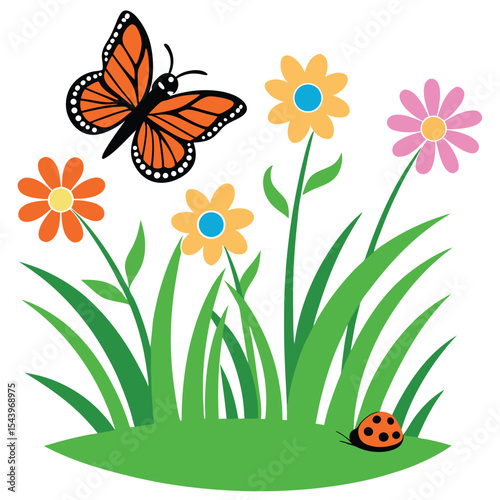 Orange butterfly flies above flowers and green grass while ladybug rests, isolated on a white background