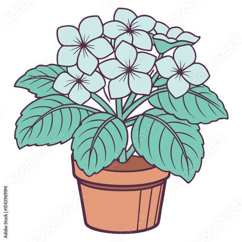 Potted white flower blossoms with green leaves beautifully arranged in the brown pot shows transparent background