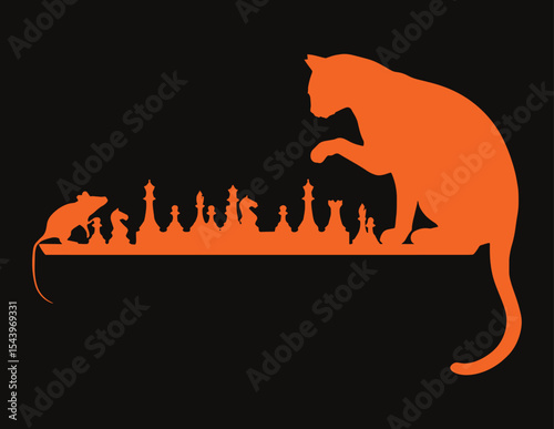 Cat and Mouse Playing Chess Vector Silhouette