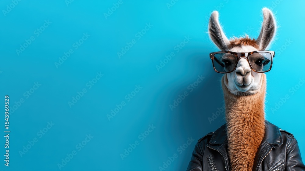 Fototapeta premium A whimsical and stylish llama with sunglasses stands confidently against a bright blue backdrop, bringing a playful and fun twist to traditional animal portrait photography.