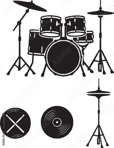 Full Drum Kit with Cymbals – Complete Percussion Set Silhouette on White Background, Front View Music Instrument Isolated on White
