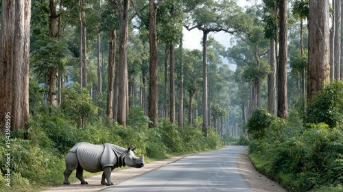 A black rhinoceros crosses the road amidst dense green forest vegetation, showcasing the beauty of wildlife in a natural setting