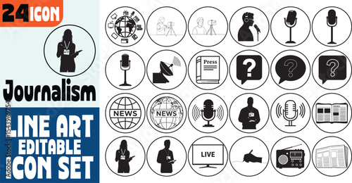 Journalism Reporter News Media Microphone Icon Set vector illustration
