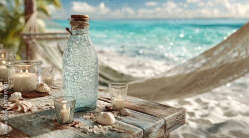 Tranquil beach scene weathered wood table holds candles, seashells, and a textured glass bottle; a hammock and turquoise ocean blur in the background