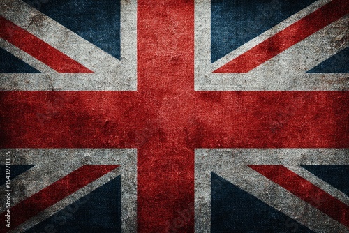 Distressed Union Jack flag with red white and blue colors and a textured surface