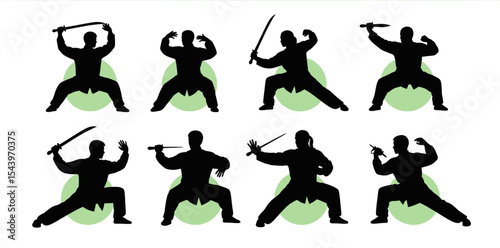 Silhouetted Martial Artists in Various Poses with Weapons, Vector Illustration