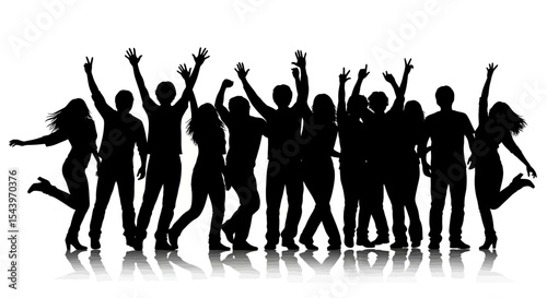 Silhouette of a group of people dancing and celebrating, joyful expressions