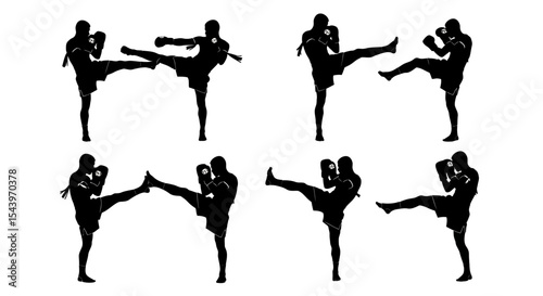 Silhouetted Muay Thai Fighter Kicking, Boxing Gloves, Training, Sport Concept.