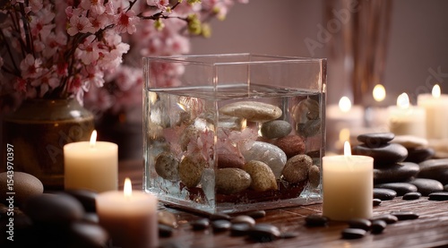 Tranquil spa scene with a cube of water, smooth stones, cherry blossoms, and lit candles on a wooden surface