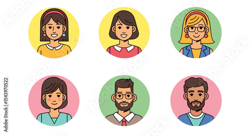 Diverse Cartoon People Avatars: Women and Men in Colorful Circles, Flat Vector Style