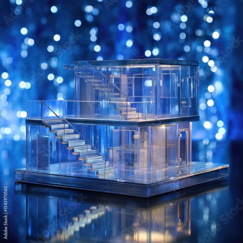 Transparent glass model home with internal stairs, illuminated, reflecting on a dark surface against a bokeh backdrop of blue lights