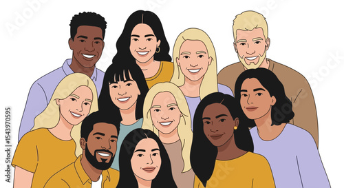 Diverse Group of Smiling People Illustration with Varied Skin Tones and Hair Colors