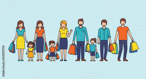 Happy Family Shopping Spree: Line Art Illustration of Adults and Children Carrying Colorful Shopping Bags