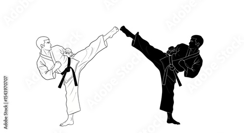 Karate Kick Illustration: Two Figures in White and Black Uniforms