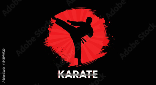 Karate Silhouette with Red Sunburst Background and White Text