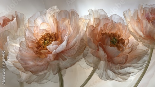 Soft pink peonies with delicate petals arranged in a row. The flowers have a light, airy appearance, showcasing their intricate layers and textures.