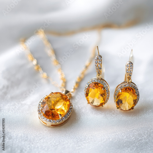 Gold jewelry set with yellow gemstones on white satin featuring a necklace and earrings