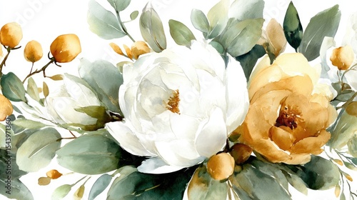 A floral arrangement featuring white and yellow peonies surrounded by green leaves and small berries. The composition is bright and fresh, ideal for spring themes.