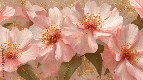 Close-up of delicate pink flowers with soft petals and golden accents. The floral arrangement showcases intricate details and vibrant colors.