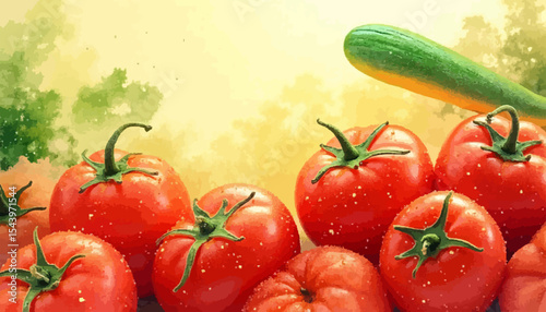 Vibrant Tomatoes and Zucchini in Lush Garden Setting with Copy Space