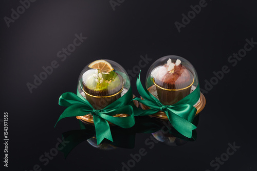 fruit berry tea in transparent balls and heart.