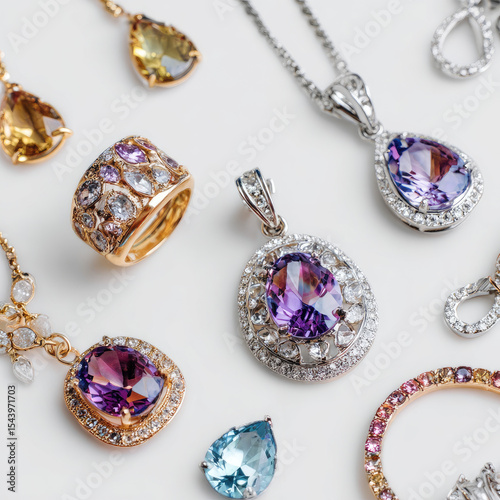 Jewelry pieces  pendants a ring gems  arranged on a white surface showcasing various colors and styles