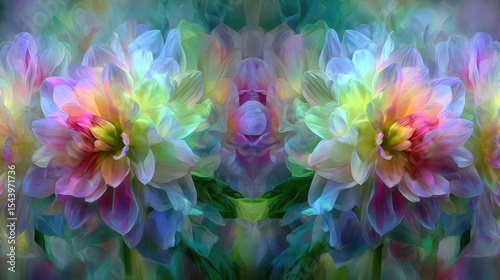 Colorful abstract flowers with soft petals in shades of pink, blue, and yellow. The background is blurred, creating a dreamy effect.