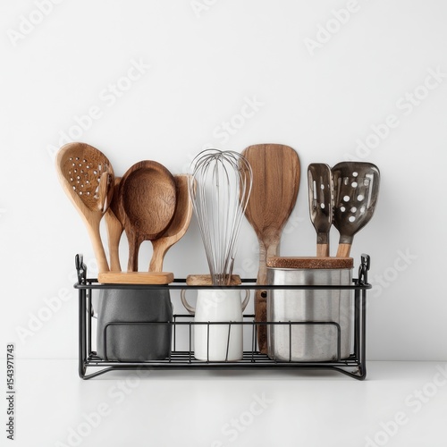 Kitchen utensils arranged in a black wire holder against a white background
