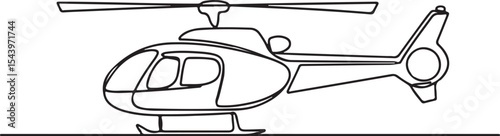 Continuous line drawing of a minimalist helicopter in side profile view with rotor and tail details

