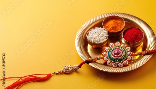 Indian Festival Raksha Bandhan Puja Thali and Rakhi on Yellow Background