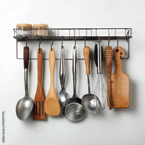 Kitchen utensils hang from a black wire rack on a white wall including ladles spoons a spatula whisk and a wooden cutting board