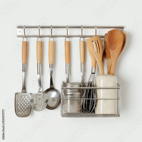 Kitchen utensils hang on a metal rack against a white wall A jar and a speckled container hold some of them