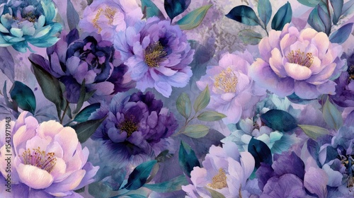 A vibrant floral pattern featuring various peonies in shades of purple, lavender, and white, surrounded by green leaves. Ideal for backgrounds or textile designs.
