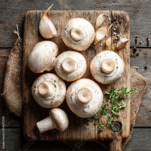 Mushrooms garlic  thyme sit on a rustic wooden board accented by pepper  burlap capturing a culinary still life