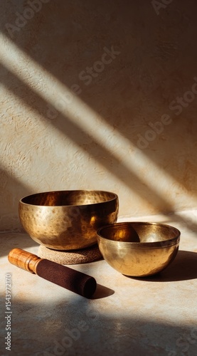 Two brass singing bowls, one larger than the other, rest on a light surface, illuminated by diagonal sunlight.  A mallet lies beside them
