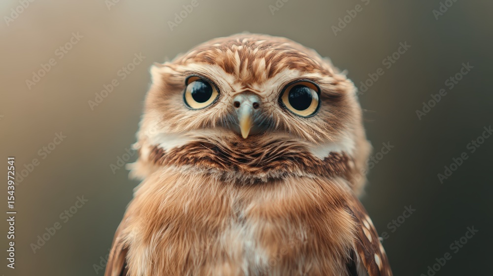 Obraz premium A close-up portrait of an owl with large expressive eyes captures its wisdom and alertness, highlighting its intricate feather patterns and natural beauty.