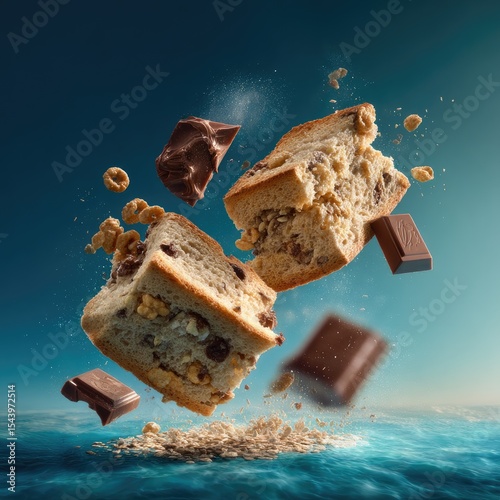 Two crumbly, layered pastries levitate above a sea of oats and chocolate pieces against a deep blue backdrop