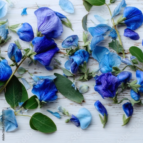 Overhead shot of scattered blue butterfly pea flowers and green leaves on a weathered white wooden surface