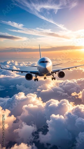 Airplane above clouds sunset flight.